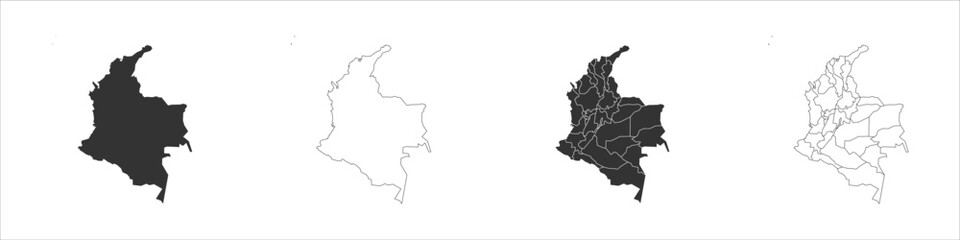 Colombia set of three maps - solid map, outline map and map highlighting administrative divisions. Three distinct maps illustrate various representations of a geographical area.