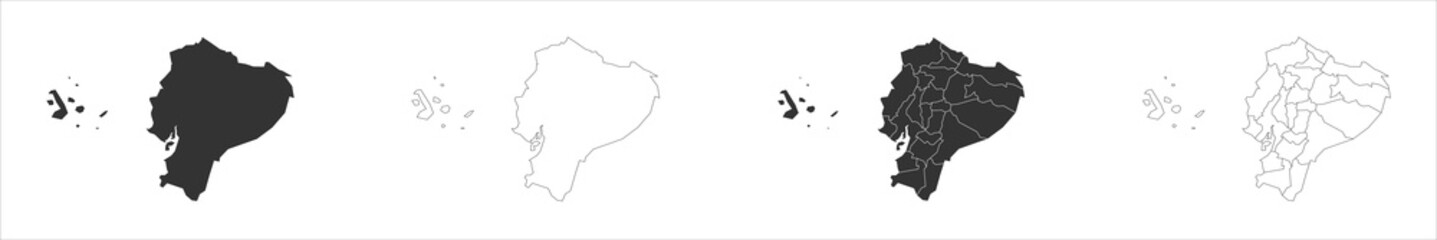 Ecuador set of three maps - solid map, outline map and map highlighting administrative divisions. Three distinct maps illustrate various representations of a geographical area.