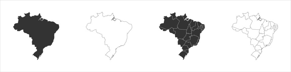 Brazil set of three maps - solid map, outline map and map highlighting administrative divisions. Three distinct maps illustrate various representations of a geographical area.