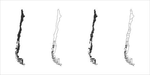 Chile set of three maps - solid map, outline map and map highlighting administrative divisions. Three distinct maps illustrate various representations of a geographical area. © pyty