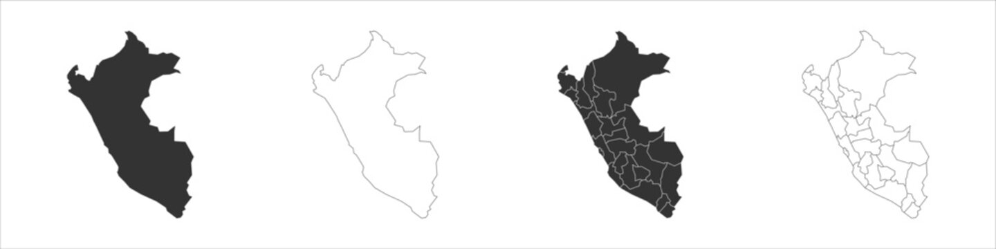 Peru set of three maps - solid map, outline map and map highlighting administrative divisions. Three distinct maps illustrate various representations of a geographical area.