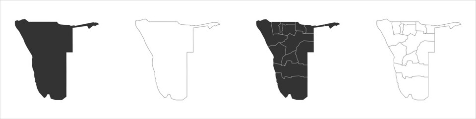 Namibia set of three maps - solid map, outline map and map highlighting administrative divisions. Three distinct maps illustrate various representations of a geographical area.