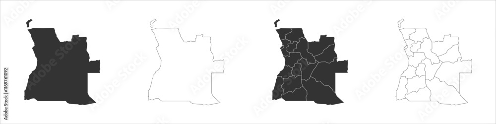 Poster angola set of three maps - solid map, outline map and map highlighting administrative divisions. thr