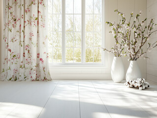A bright and airy room with a white wooden floor, floral curtains, and vases of cotton branches creates a spacious and inviting atmosphere in this stock photo background