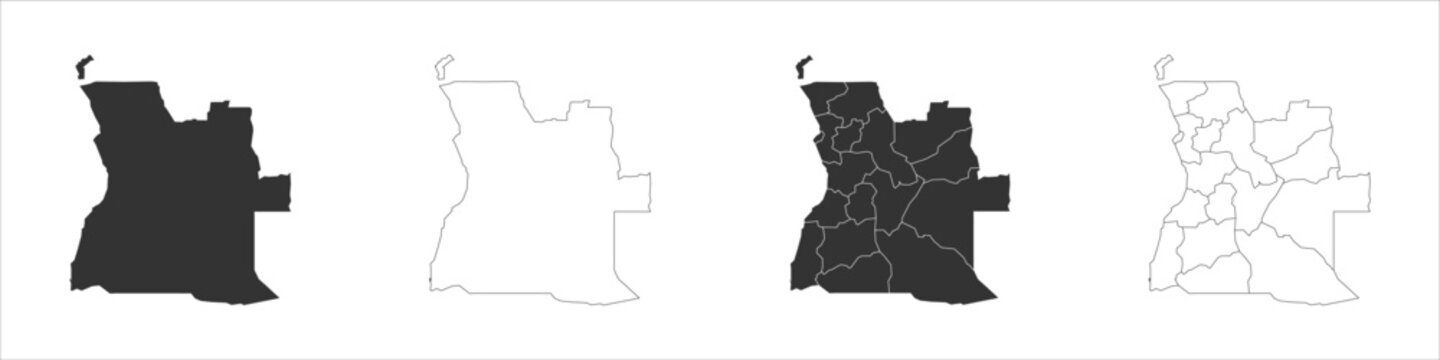 Angola set of three maps - solid map, outline map and map highlighting administrative divisions. Three distinct maps illustrate various representations of a geographical area.