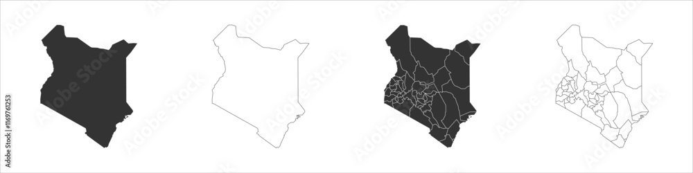 Poster kenya set of three maps - solid map, outline map and map highlighting administrative divisions. thre