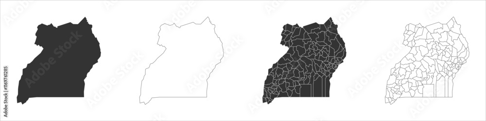 Poster uganda set of three maps - solid map, outline map and map highlighting administrative divisions. thr