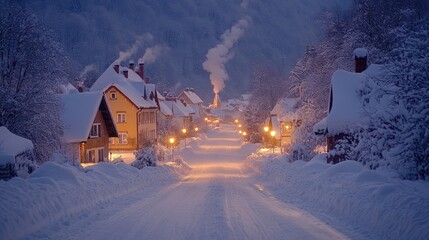 A serene winter village scene with snow-covered houses and smoke rising from chimneys.