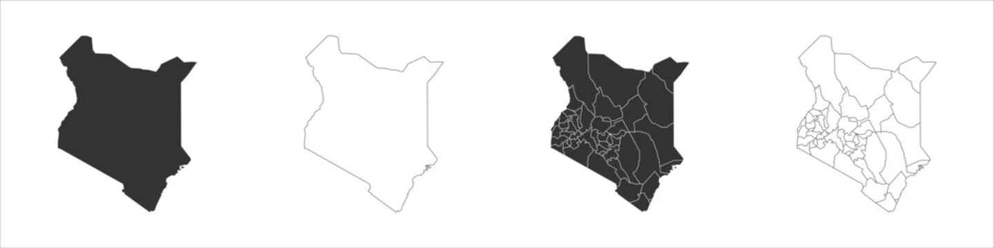 Kenya set of three maps - solid map, outline map and map highlighting administrative divisions. Three distinct maps illustrate various representations of a geographical area.