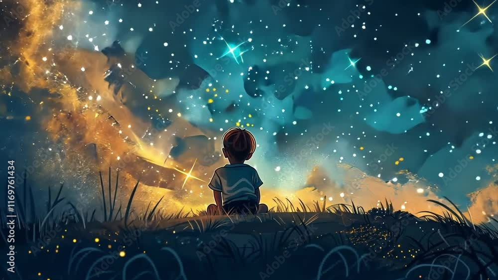 Poster Under a starlit sky, a child gazes in awe at the vast expanse of twinkling stars and colorful clouds. The scene evokes a sense of wonder and exploration in a tranquil moment.