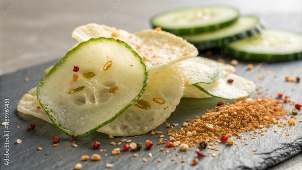 Poster An intricate closeup of a single cucumber chip showcasing its delicate translucent layers and inviting crunch. Soft diffused lighting enhances the freshness while a