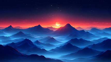Vibrant sunset over a majestic mountain range, shrouded in mist.