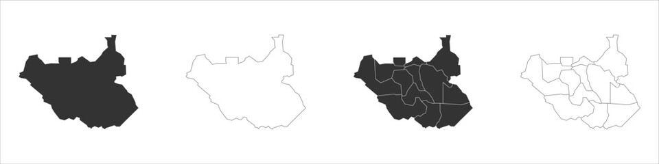 South Sudan set of three maps - solid map, outline map and map highlighting administrative divisions. Three distinct maps illustrate various representations of a geographical area. © pyty