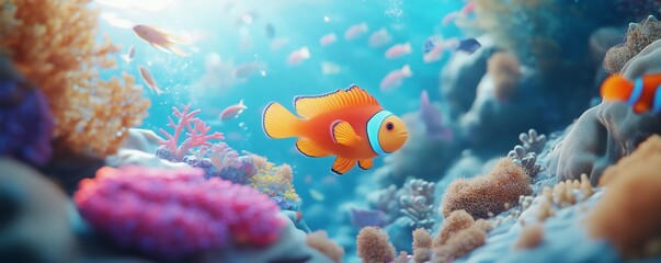 Fototapeta premium A vibrant underwater scene with colorful fish swimming among corals.