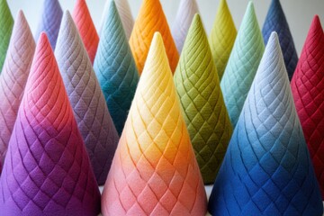 Collection of colorful, textured conical felt objects arranged in a row.  Each cone features a gradient of shades.
