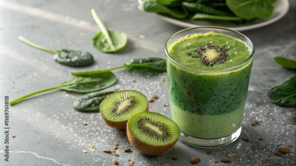 Poster the camera zeroes in on the inviting surface of a green smoothie where the mingling colors of spinac