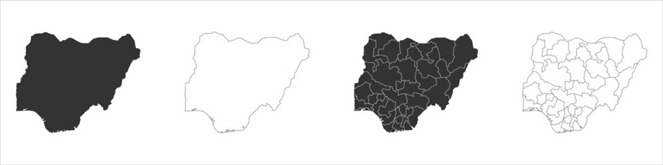 Nigeria set of three maps - solid map, outline map and map highlighting administrative divisions. Three distinct maps illustrate various representations of a geographical area.