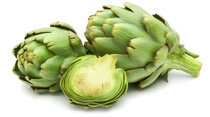 Obraz premium Two whole artichokes and one halved artichoke on white background.
