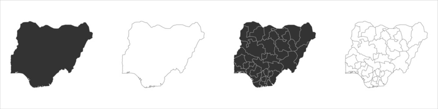 Nigeria set of three maps - solid map, outline map and map highlighting administrative divisions. Three distinct maps illustrate various representations of a geographical area.