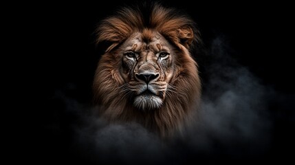 Fototapeta premium Majestic lion portrait in smoky darkness.