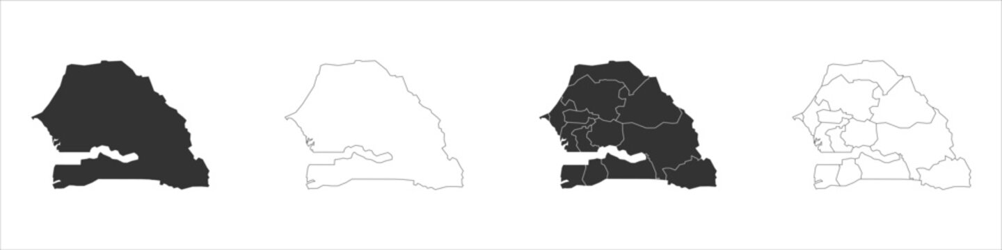 Senegal set of three maps - solid map, outline map and map highlighting administrative divisions. Three distinct maps illustrate various representations of a geographical area.