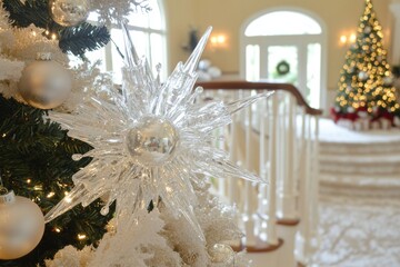 Fototapeta premium Close-up of a sparkling, clear snowflake ornament on a Christmas tree, with a blurred background of a grand staircase and another decorated tree.