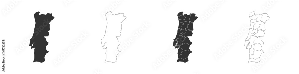 Poster portugal set of three maps - solid map, outline map and map highlighting administrative divisions. t