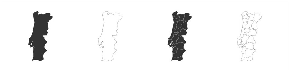 Portugal set of three maps - solid map, outline map and map highlighting administrative divisions. Three distinct maps illustrate various representations of a geographical area.