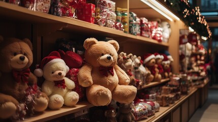 Christmas teddy bears on shelves.