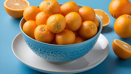 Tangelos in a bowl on a blue background