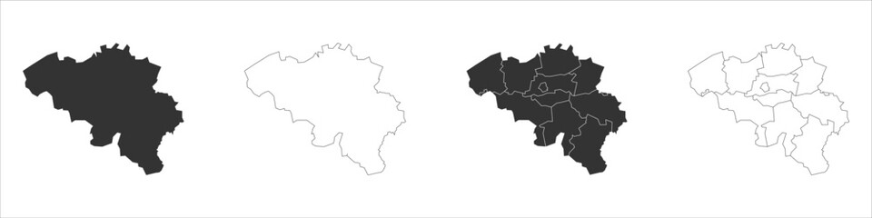 Belgium set of three maps - solid map, outline map and map highlighting administrative divisions. Three distinct maps illustrate various representations of a geographical area.