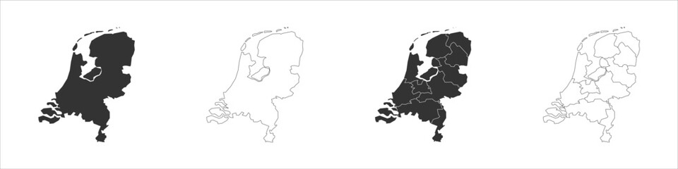 Netherlands set of three maps - solid map, outline map and map highlighting administrative divisions. Three distinct maps illustrate various representations of a geographical area.
