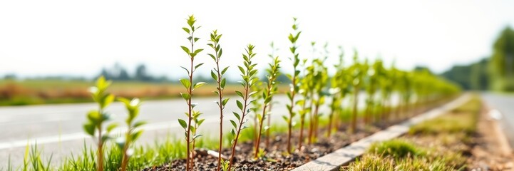 Obraz premium Newly planted green saplings alongside a rural road conveying a sense of hope and growth during a sunny day representing community volunteering efforts to enhance the environment