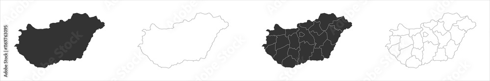 Poster hungary set of three maps - solid map, outline map and map highlighting administrative divisions. th