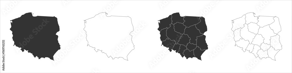 Poster poland set of three maps - solid map, outline map and map highlighting administrative divisions. thr