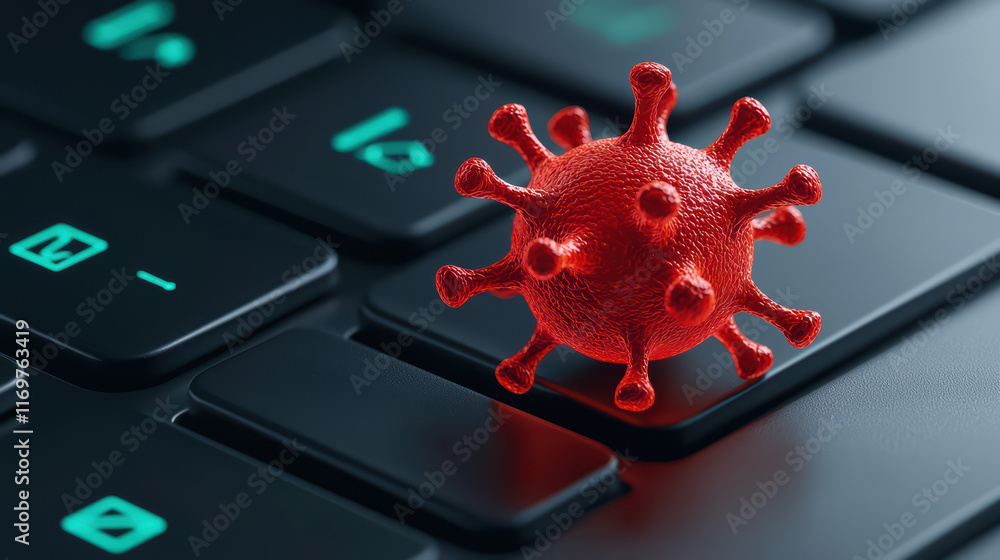 Poster close up of computer virus on keyboard, symbolizing danger