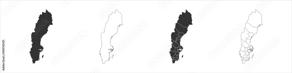 Poster sweden set of three maps - solid map, outline map and map highlighting administrative divisions. thr