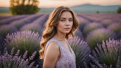 Enchanting lavender field backdrop captures the serene beauty of a young woman in a soft lavender dress, embodying tranquility during a sunset stroll