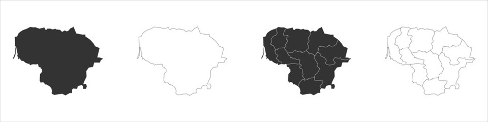 Lithuania set of three maps - solid map, outline map and map highlighting administrative divisions. Three distinct maps illustrate various representations of a geographical area.
