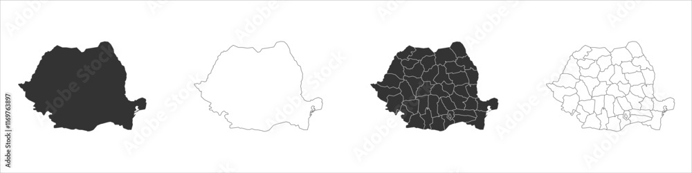 Poster romania set of three maps - solid map, outline map and map highlighting administrative divisions. th