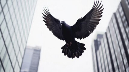 Obraz premium Pigeon flying high, natural harmony with urban skyscrapers, environment protection concept