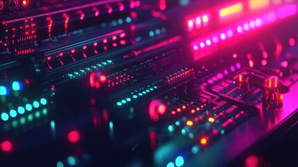 Fototapeta premium Neon Synthwave Control Panel: Futuristic Technology and Cyberpunk Aesthetics