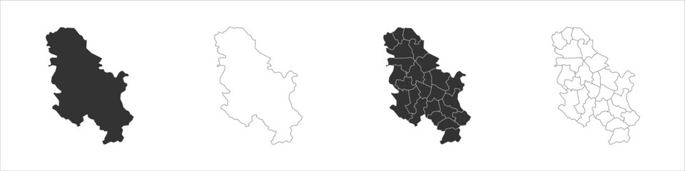 Serbia set of three maps - solid map, outline map and map highlighting administrative divisions. Three distinct maps illustrate various representations of a geographical area.