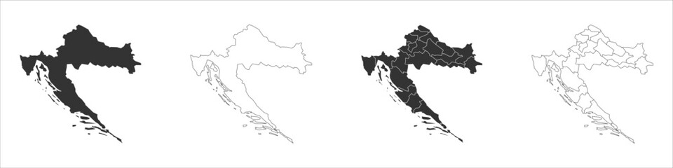 Croatia set of three maps - solid map, outline map and map highlighting administrative divisions. Three distinct maps illustrate various representations of a geographical area.