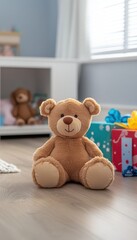 Adorable teddy bear sits on a wooden floor in a child's room, near wrapped presents. A cozy and playful scene.