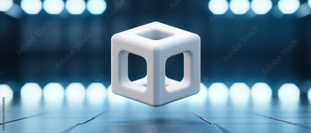 Poster floating white cube in futuristic setting with lights