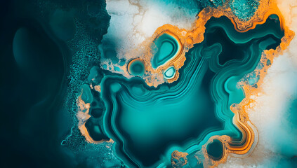Abstract fluid art design in vibrant teal and gold tones, featuring intricate swirls and textures for modern creative projects or digital artwork inspiration