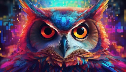 Obraz premium a close up of an owl with its eyes open and staring at the camera the owl is surrounded by a colorful pixelated background giving it a futuristic and otherworldly appearance