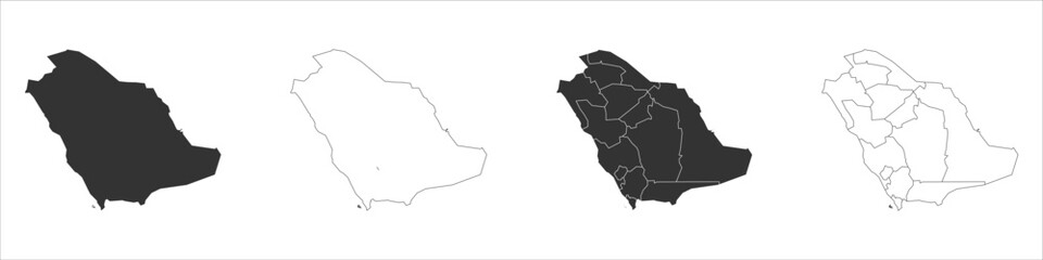 Fototapeta premium Saudi Arabia set of three maps - solid map, outline map and map highlighting administrative divisions. Three distinct maps illustrate various representations of a geographical area.
