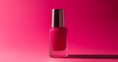 A vibrant pink nail polish bottle against a matching background, showcasing beauty products. Work from home product